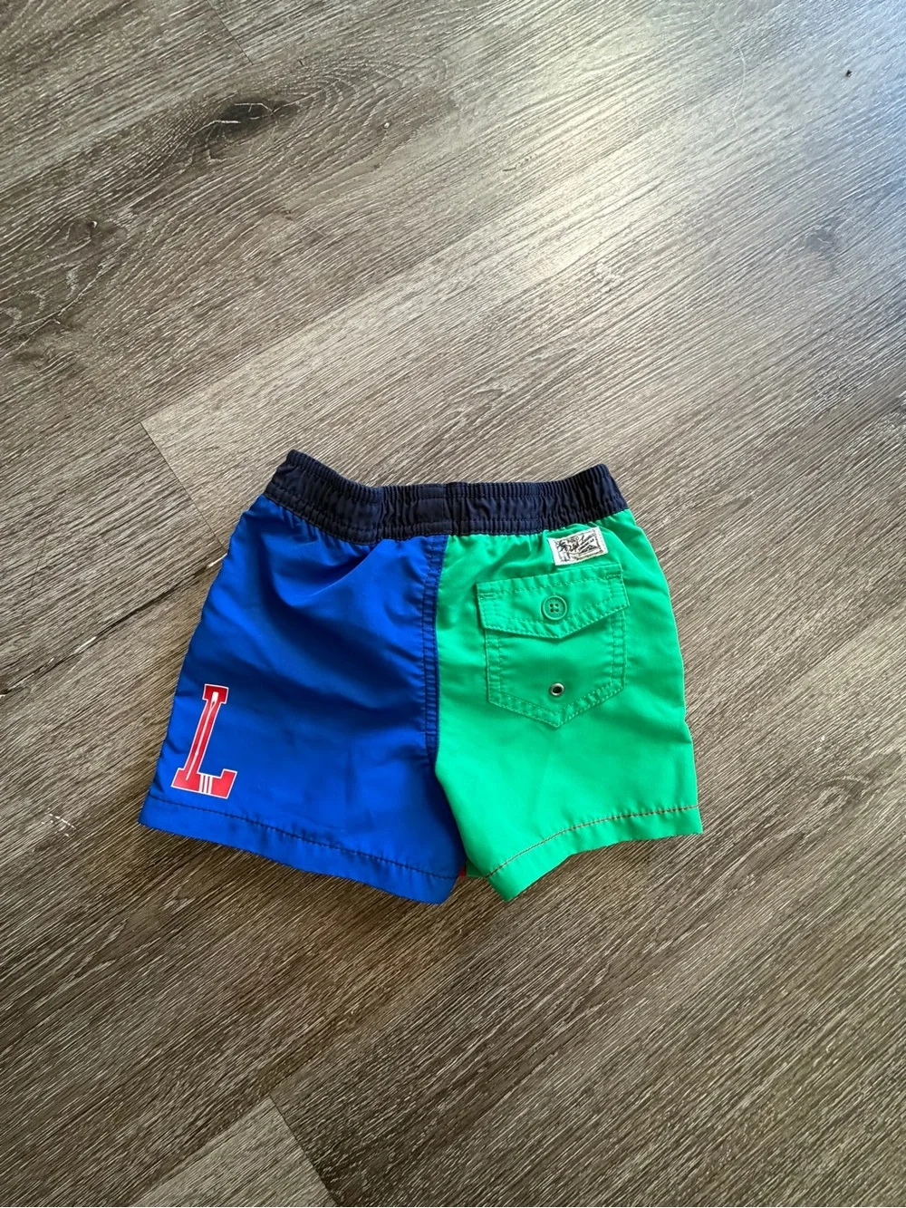 Ralph Lauren Red & Navy Colorblock Swim Shorts with Green 'R' Patch
